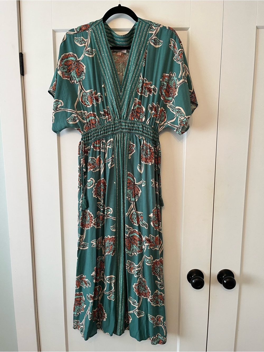 Knox Rose Teal Floral V-Neck Smocked-Waist Maxi Dress with Rust Accents